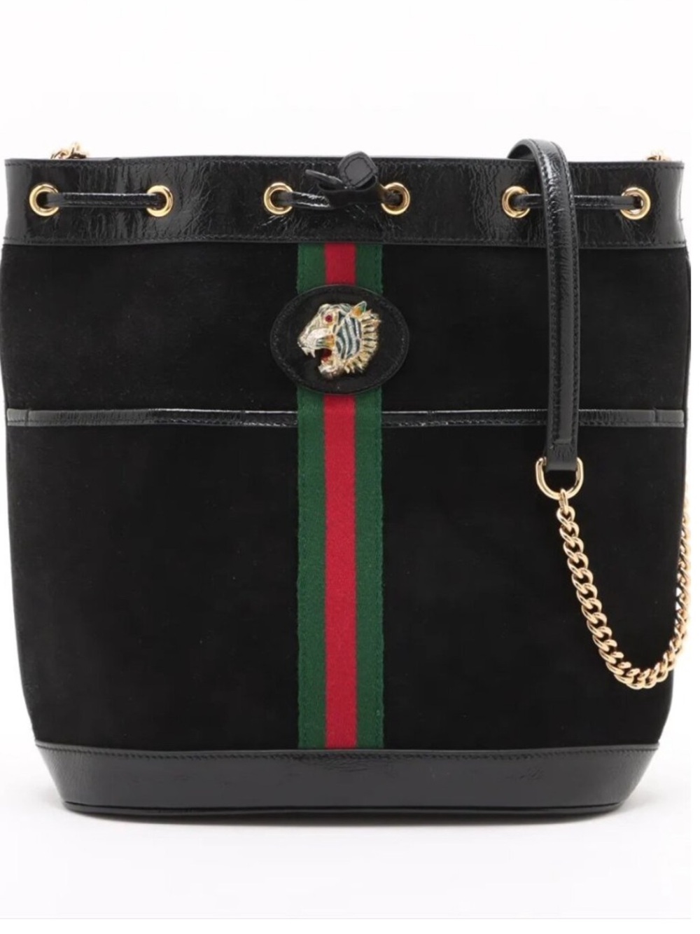 Gucci Black Suede Bucket Bag with Green and Red Web Stripe